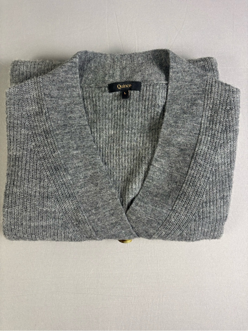 Quince Alpaca and Wool Gray Ribbed V-Neck Button Cardigan with Buttons Large - Picture 8 of 12